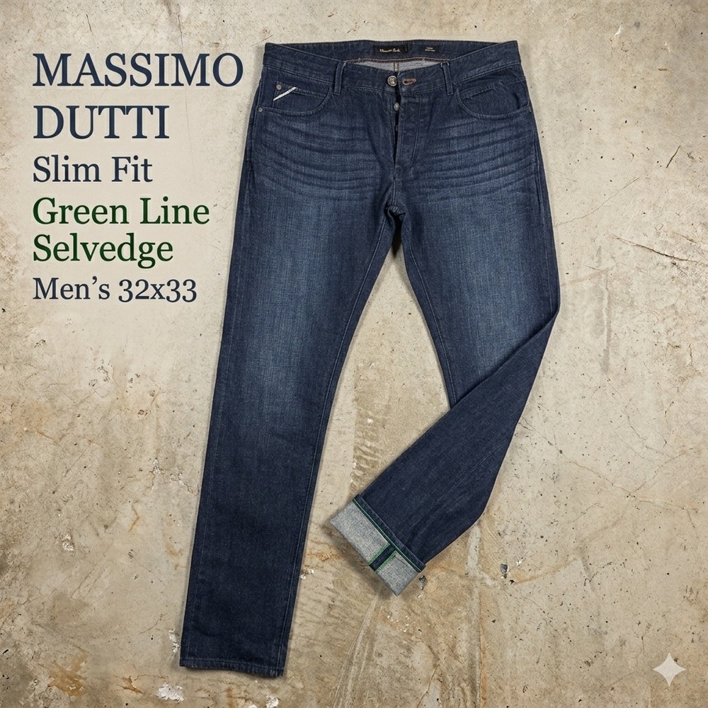 Massimo Dutti Slim Fit Green Line Selvedge Jeans Mens 32x33 Dark Wash Button Fly